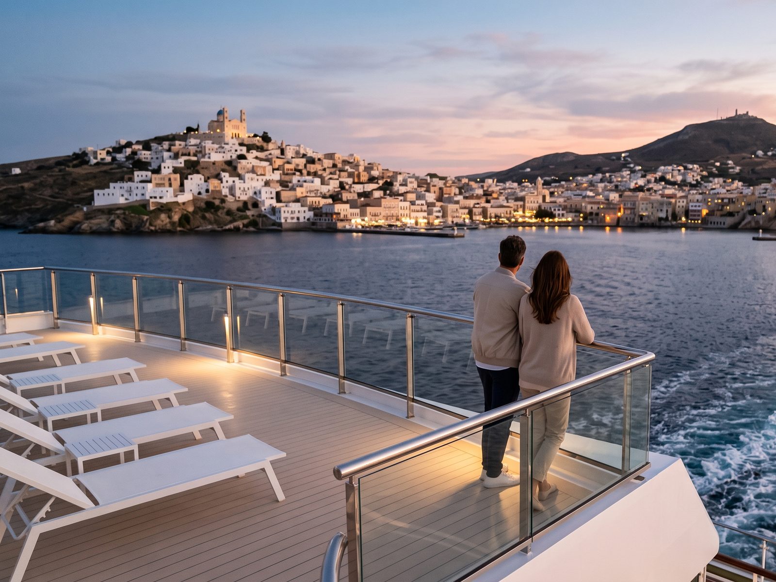 Stel op het bovendek van een cruiseschip dat bij zonsondergang vertrekt, met uitzicht op Ermoupoli op Syros