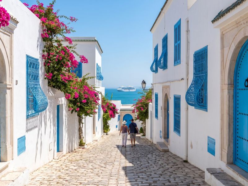 White lane with blue doors in Sidi Bou Said, with a view over the Gulf of Tunis and a cruise ship far out in the bay