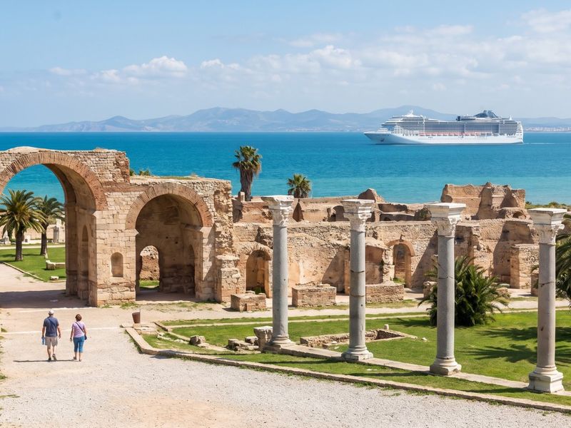 Ruins and columns of the Antonine Baths in Carthage by the sea