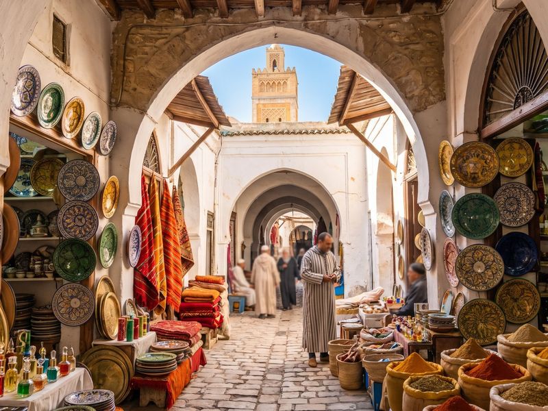 Covered souk lane in the medina of Tunis with ceramics, rugs and spices
