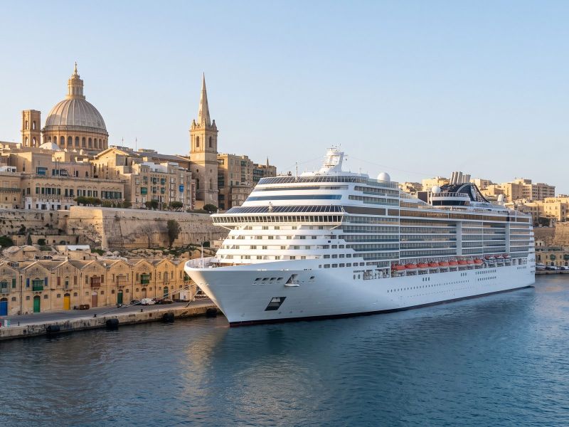 Large modern cruise ship in Valletta's Grand Harbour below the bastions of the city