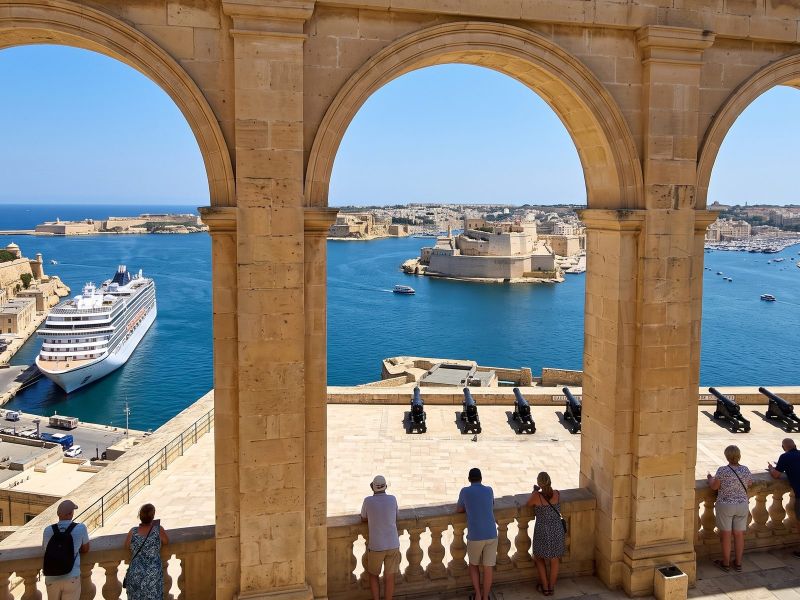 Upper Barrakka Gardens and the Saluting Battery cannons above the Grand Harbour, with the Three Cities across the water