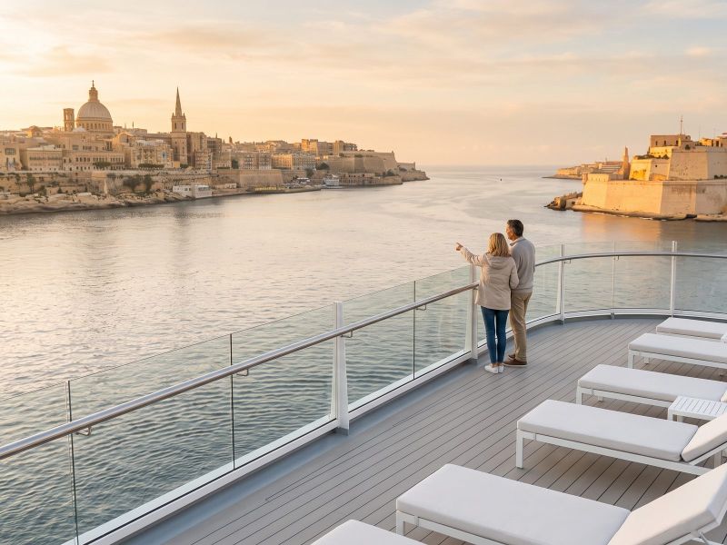 Couple on the top deck of a cruise ship at sunrise, sailing into the Grand Harbour past Valletta's fortifications