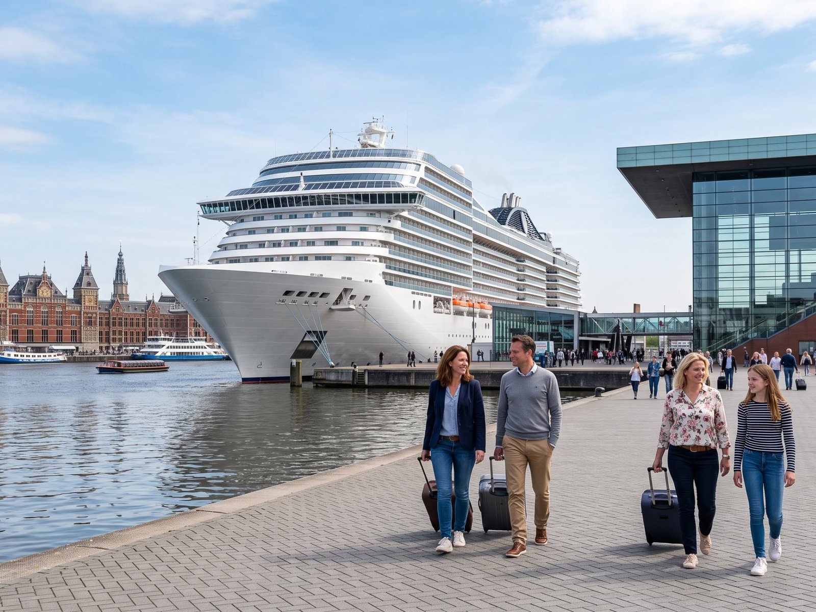 Crucero en la terminal frente al IJ en Ámsterdam, viajeros con maletas caminando por el muelle