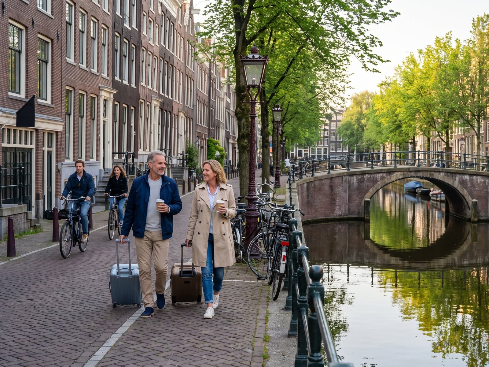 Pareja con maletas y café caminando junto a un canal de Ámsterdam la mañana antes del crucero