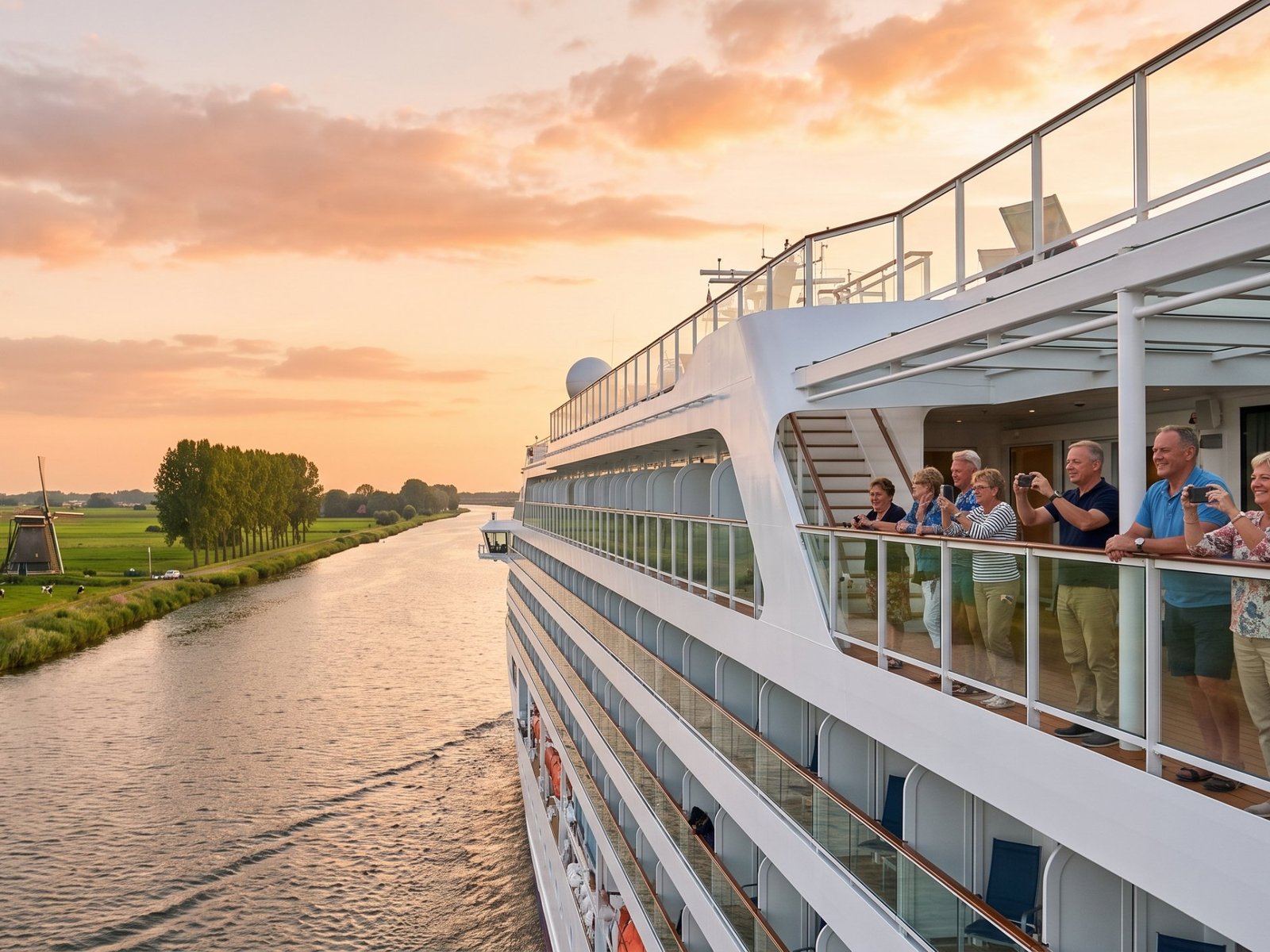 Crucero navegando al atardecer por el canal del mar del Norte junto a un molino y vacas pastando, pasajeros sacando fotos