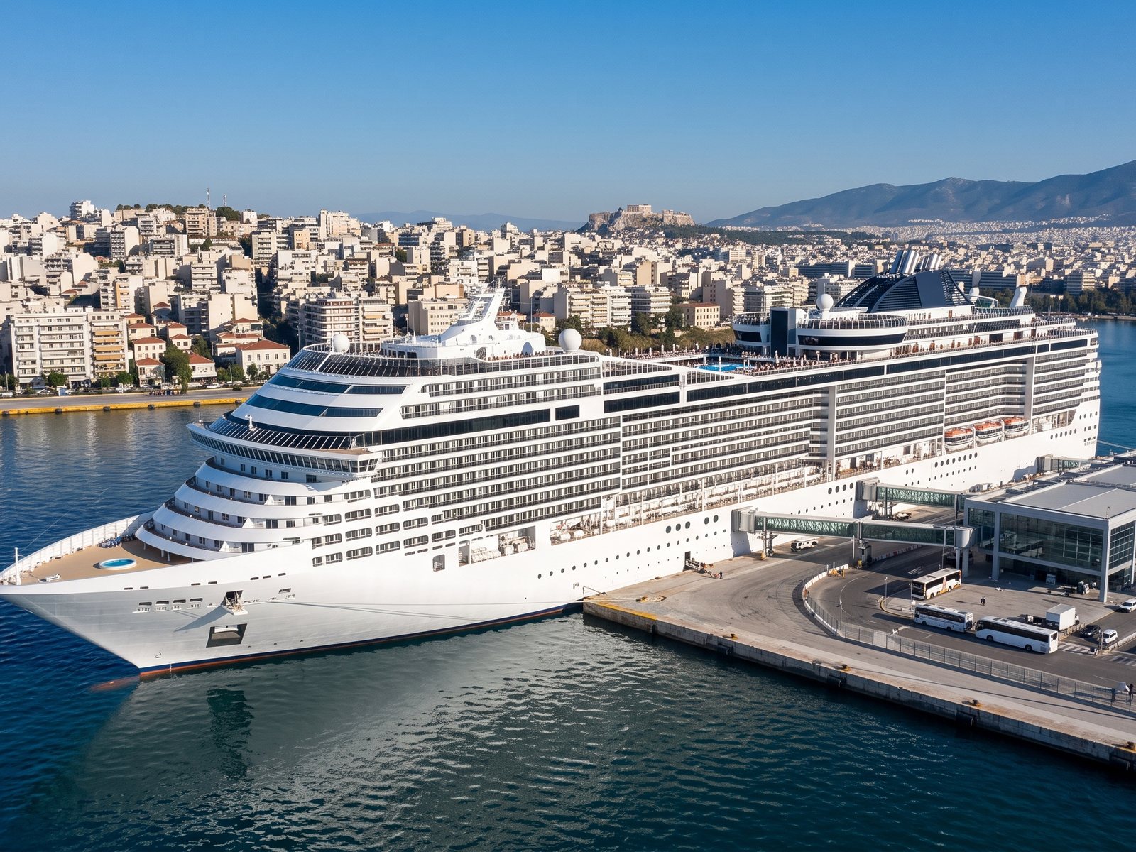 Groot modern cruiseschip aan de cruiseterminal van Piraeus, met de stad en de heuvels van Athene erachter