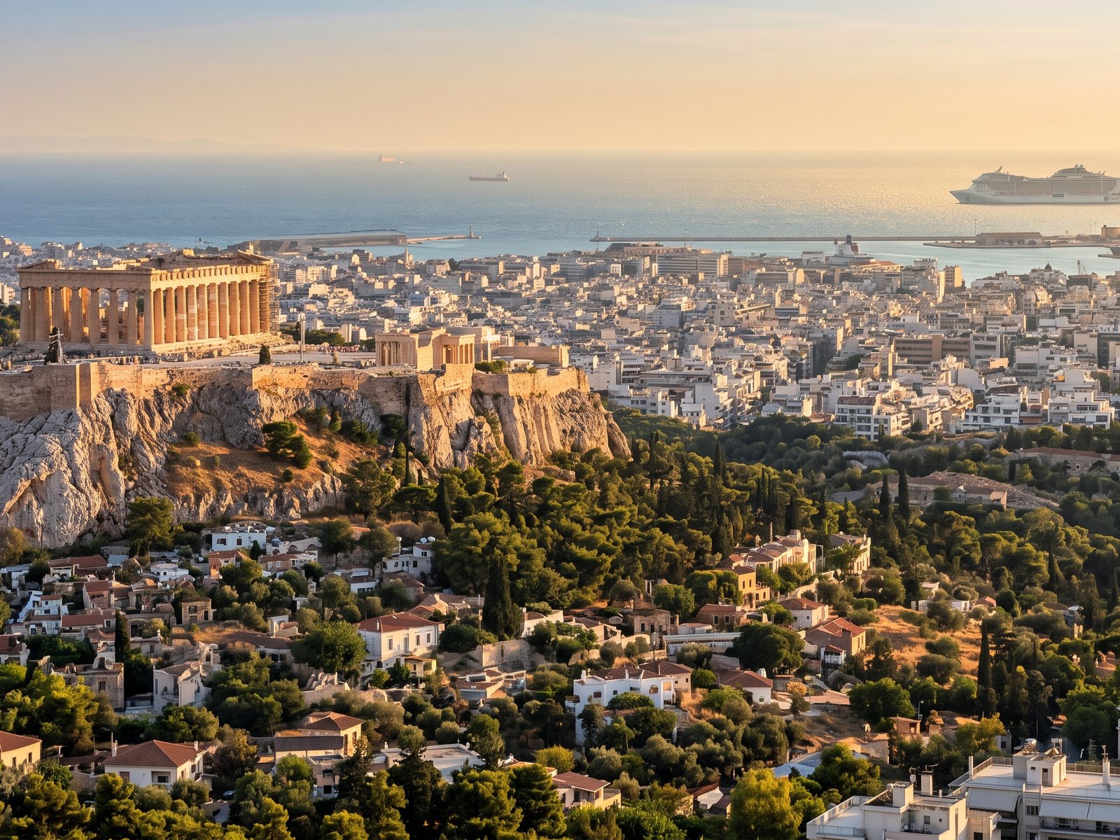 Het Parthenon op de Akropolis in het gouden uur, met in de verte de zee en een cruiseschip dat uit Piraeus vertrekt
