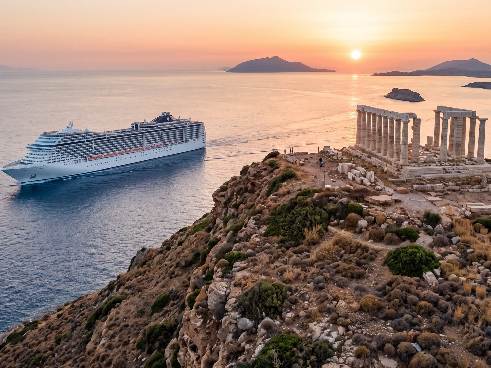 De tempel van Poseidon op Kaap Sounion bij zonsondergang, met een cruiseschip op de Egeïsche Zee eronder