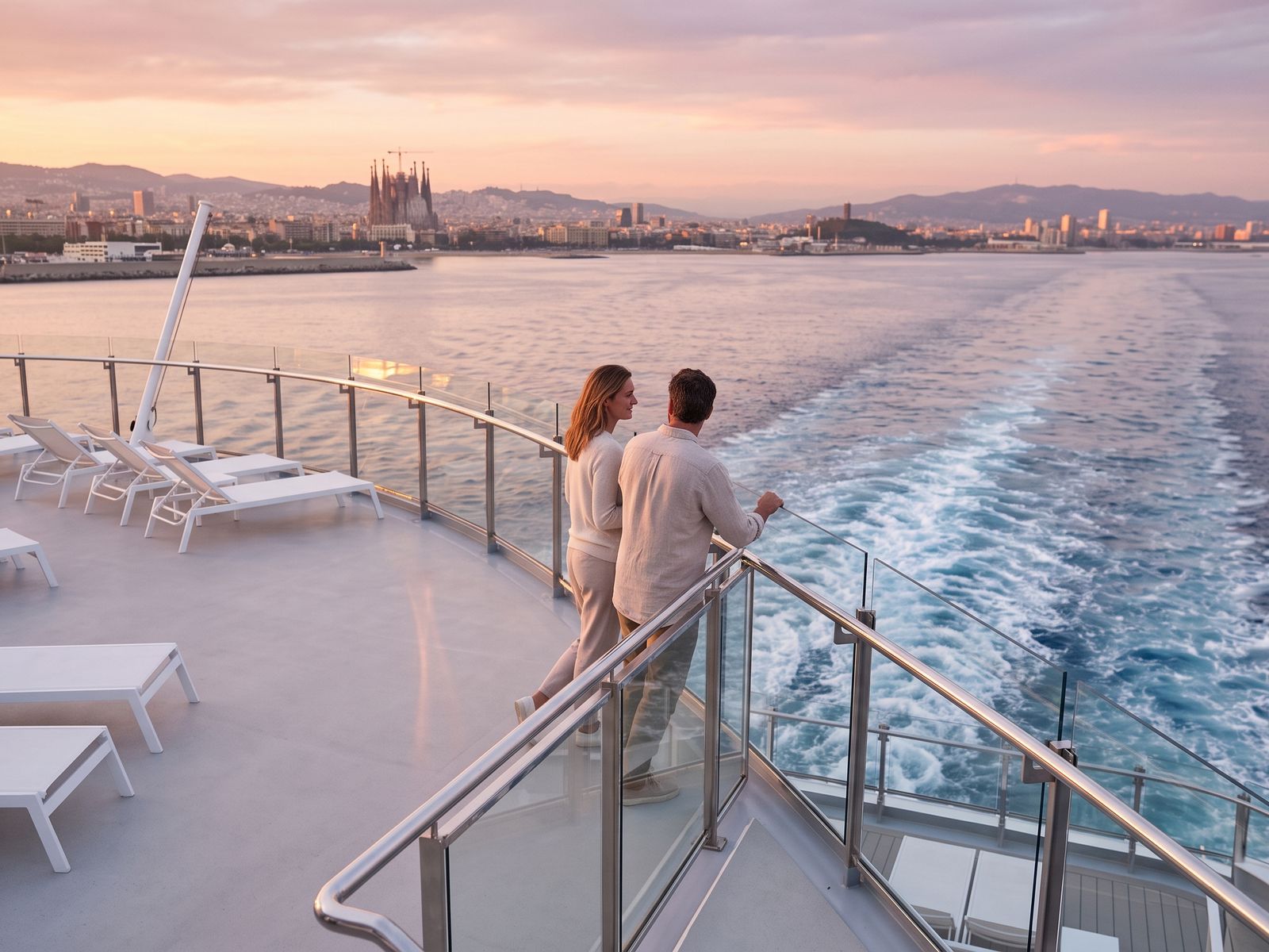 Stel op het achterdek van een cruiseschip kijkt bij zonsondergang naar Barcelona en de Sagrada Família