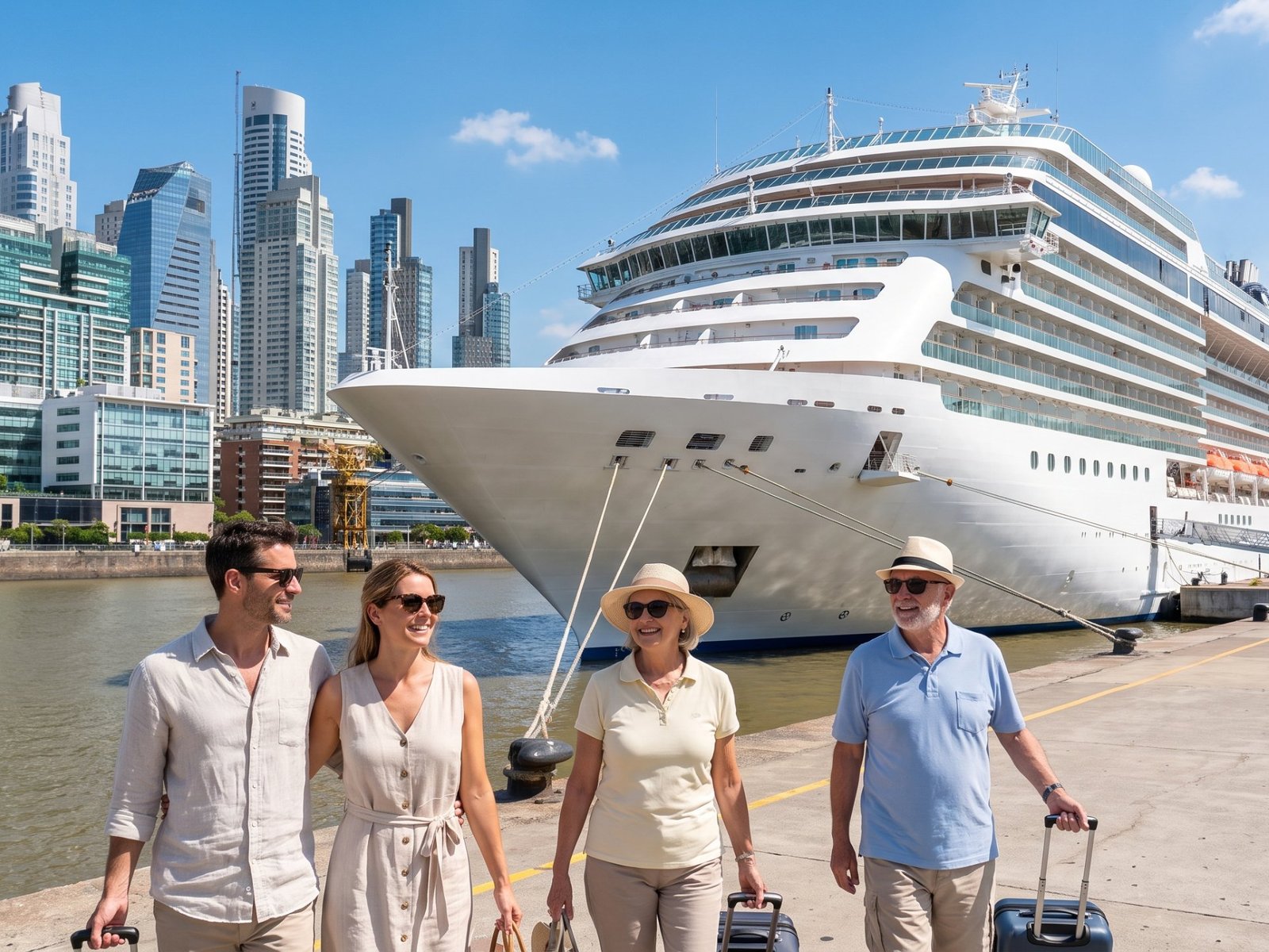Twee stellen met koffers op de cruisekade in Buenos Aires, met het schip en de glazen torens van de stad erachter
