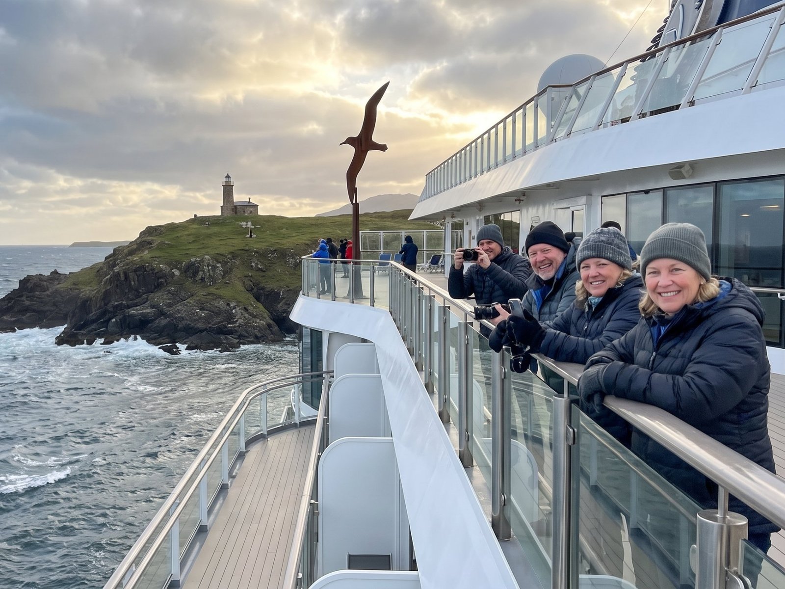 Passagiers in warme jassen aan dek terwijl het schip de vuurtoren en het albatrosmonument van Kaap Hoorn passeert