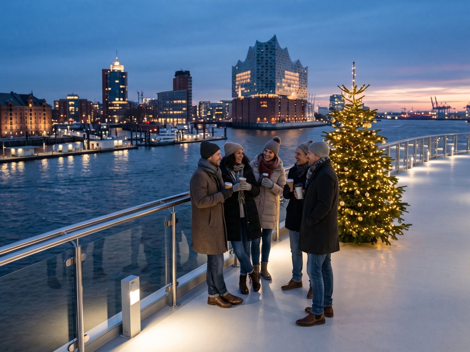 Guests in winter coats on the open deck of a cruise ship sailing out of Hamburg at dusk in December