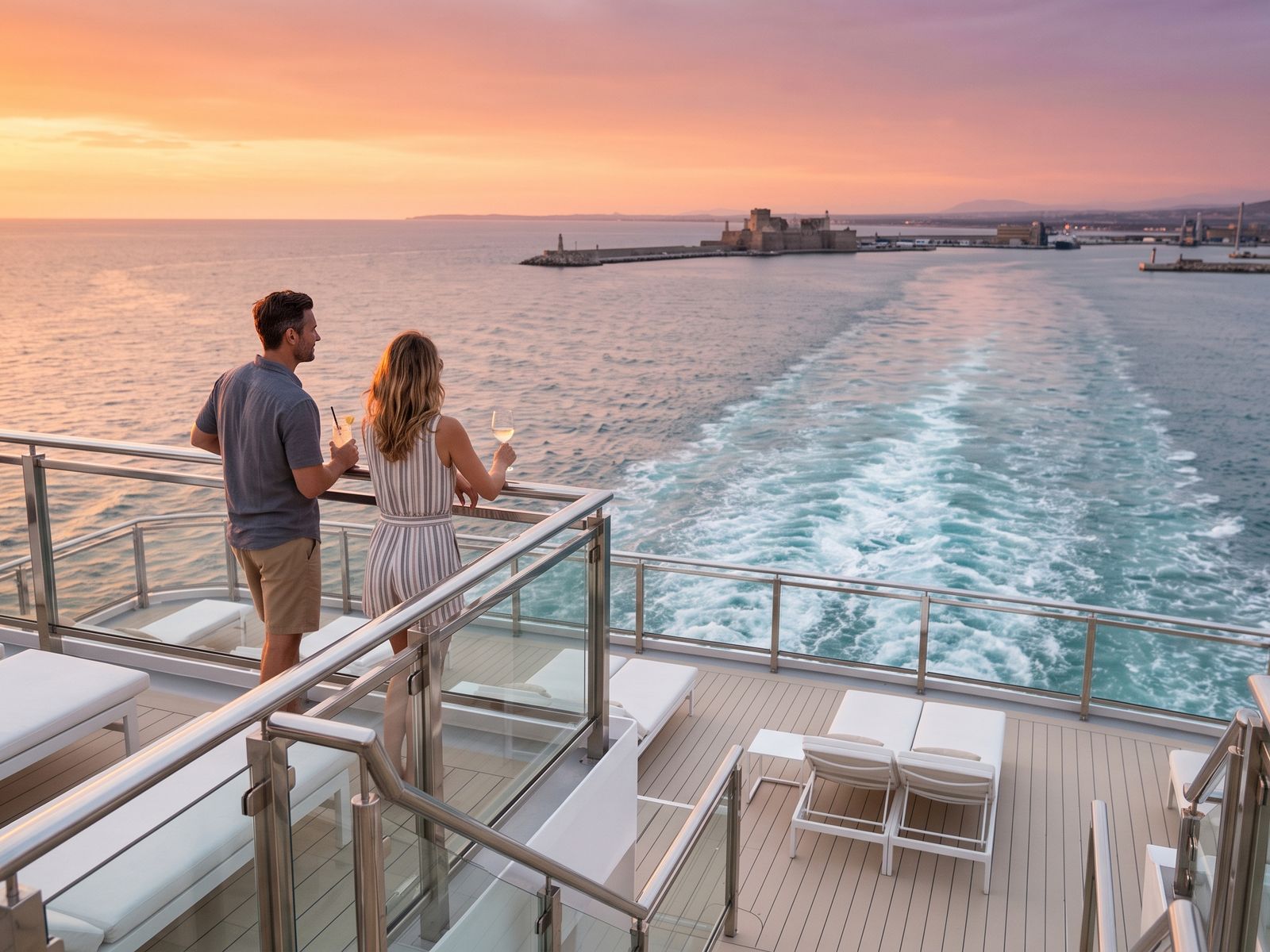 Stel met een drankje op het achterdek kijkt naar de Italiaanse kust terwijl het schip bij zonsondergang Civitavecchia verlaat