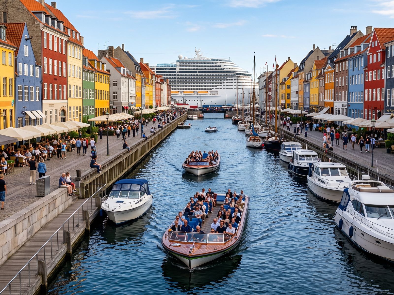Colourful Nyhavn in Copenhagen with canal boats and cafés, a cruise ship across the harbour