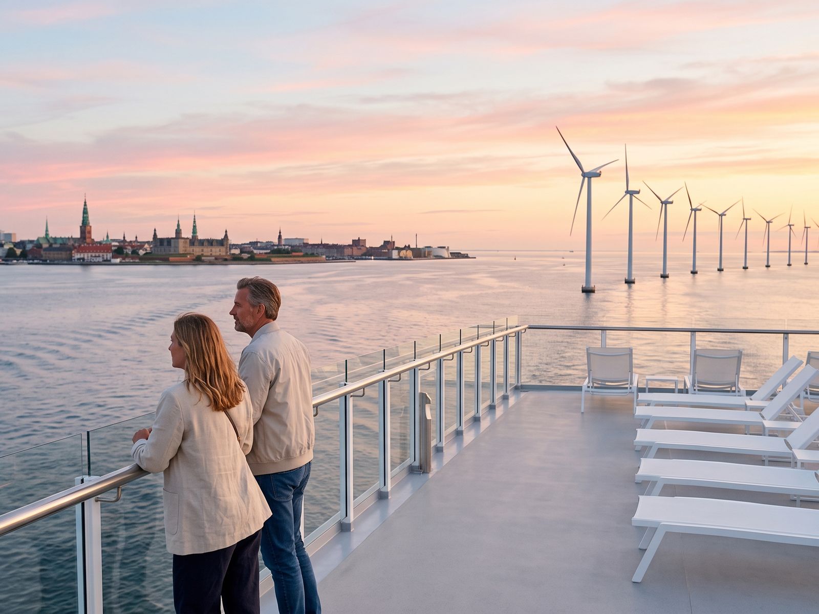 Couple on the deck of a cruise ship looking at the Copenhagen skyline and offshore wind turbines at sunset
