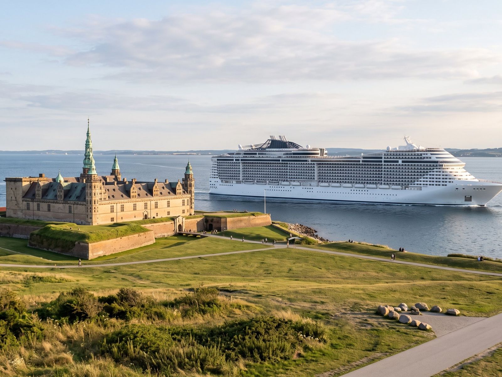 Cruise ship sailing through the Øresund past Kronborg Castle in Helsingør, the Swedish coast on the horizon