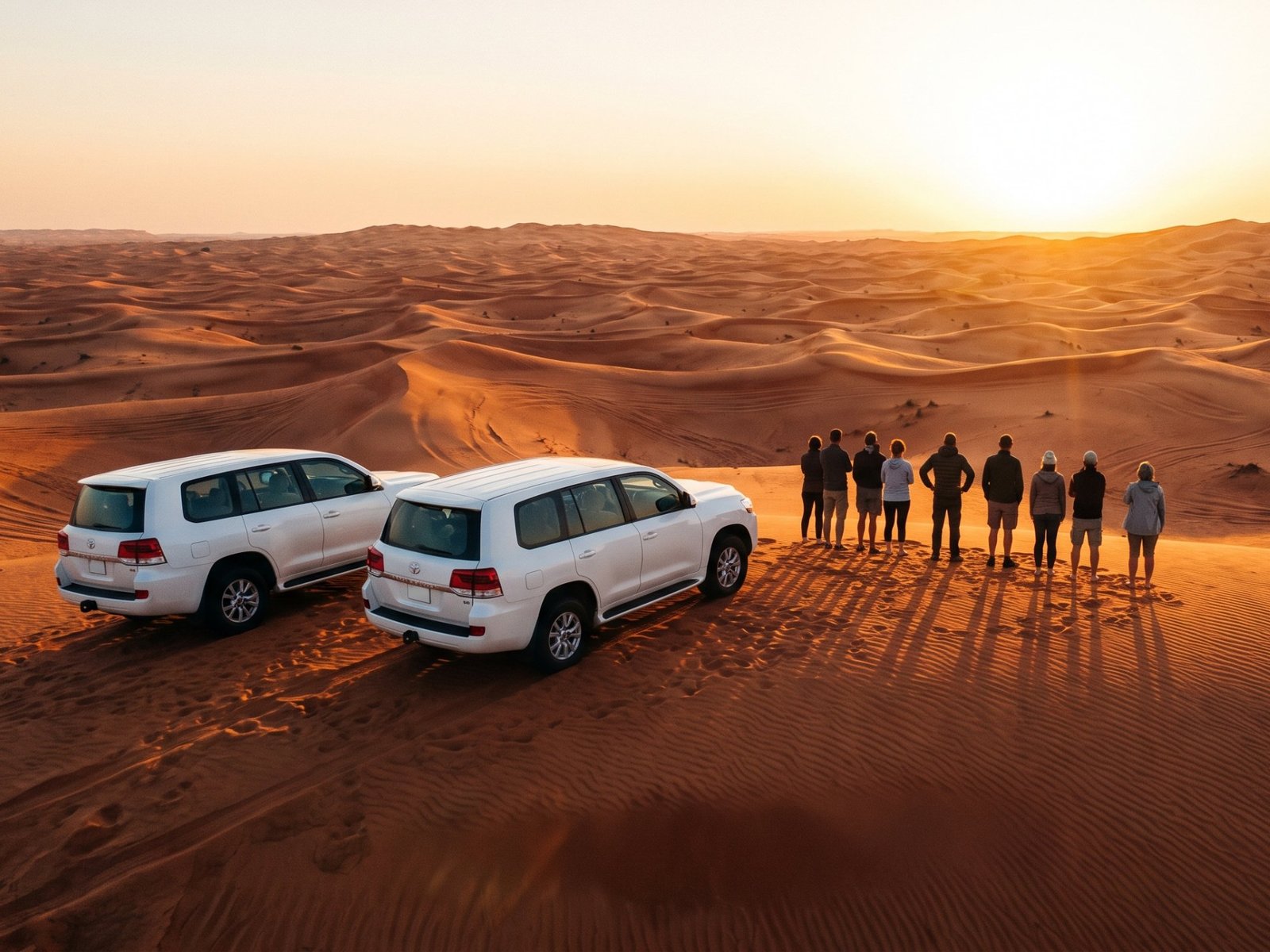 Un grupo de safari por el desierto sobre una duna roja cerca de Dubái al atardecer, junto a dos 4x4 blancos