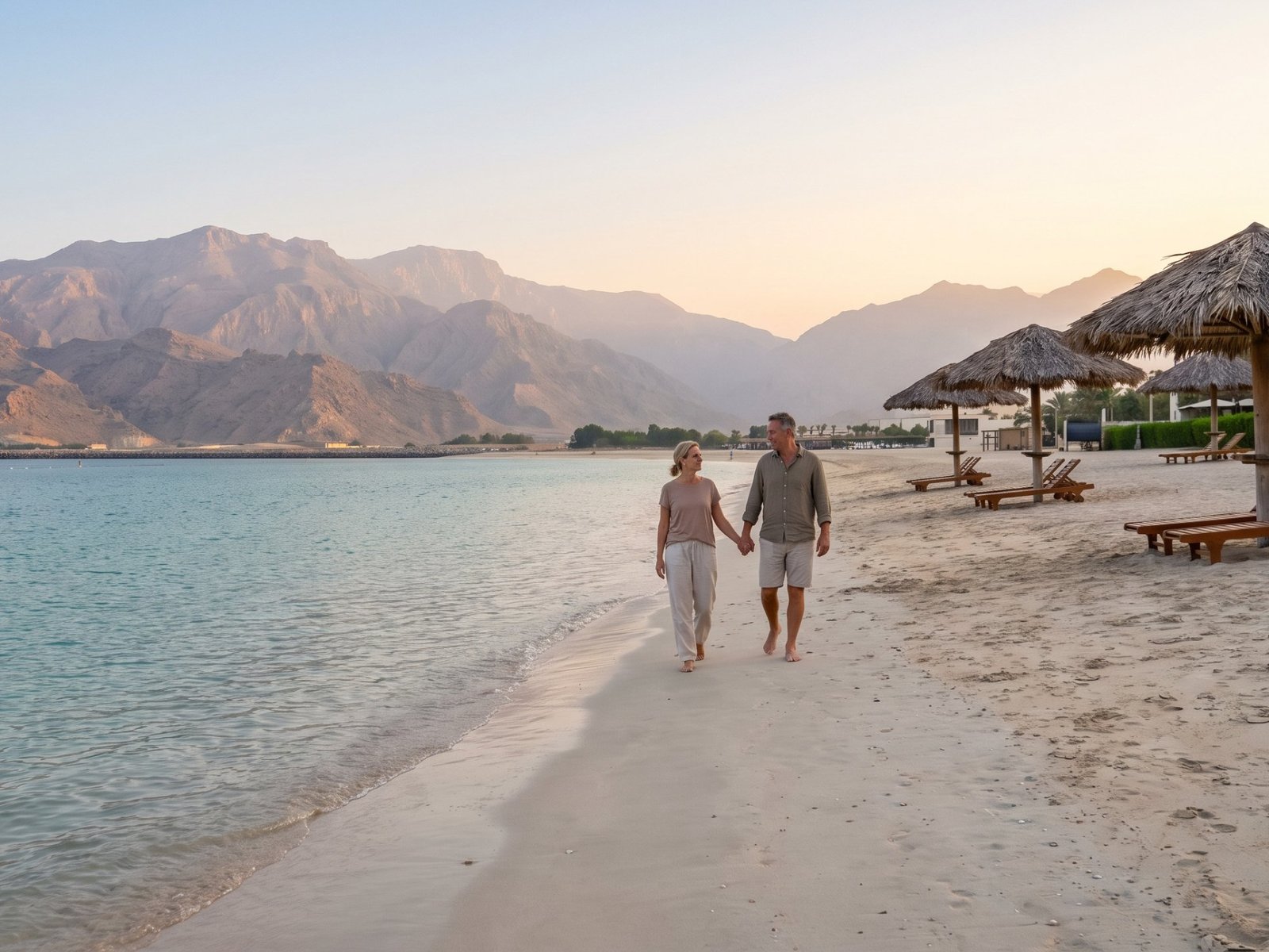 Una pareja camina descalza por una playa tranquila de Ras al Jaima, con los montes Hajar al fondo