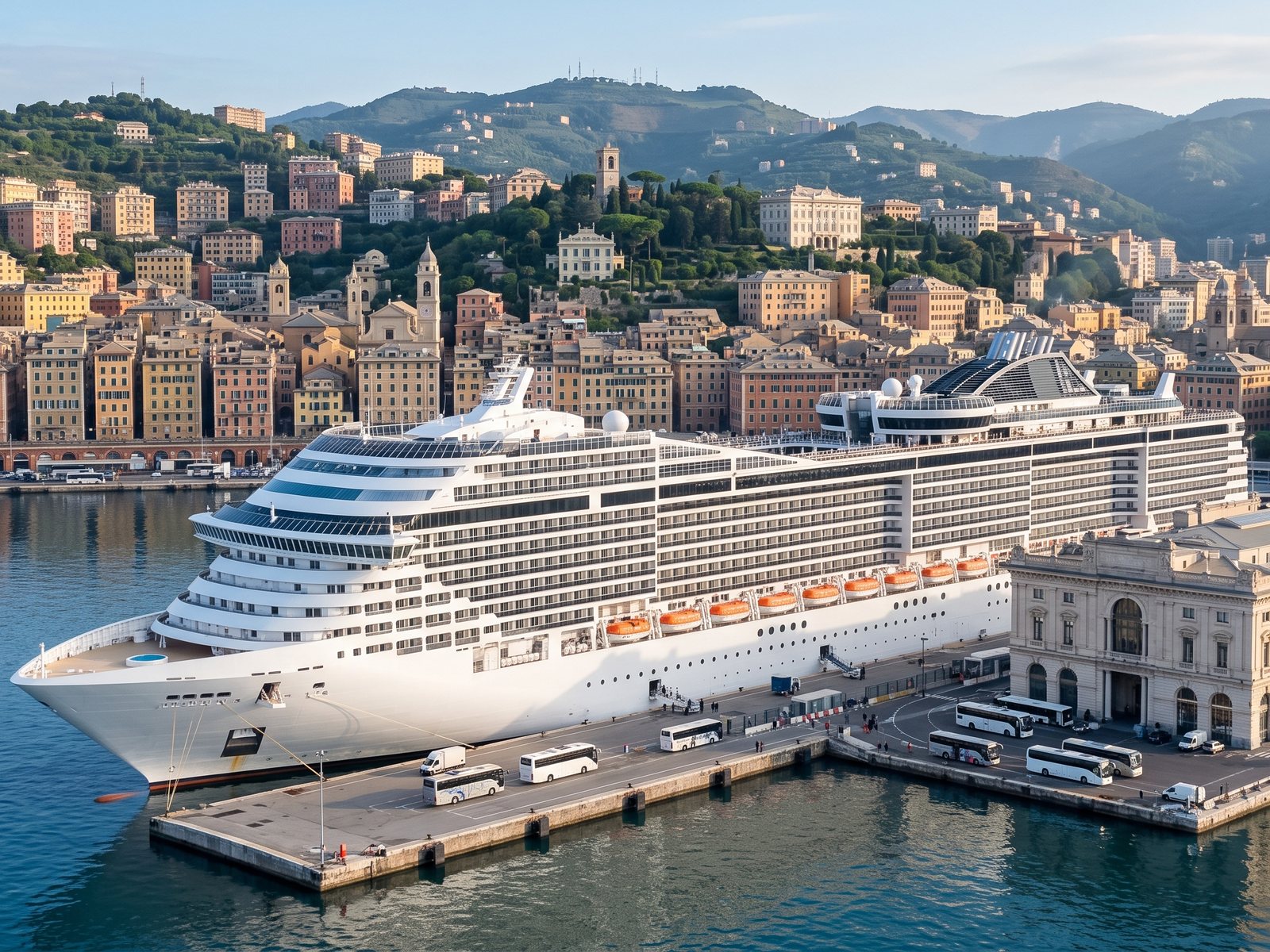 Large modern cruise ship at the Stazione Marittima in Genoa, with the city's pastel buildings rising up the hills behind