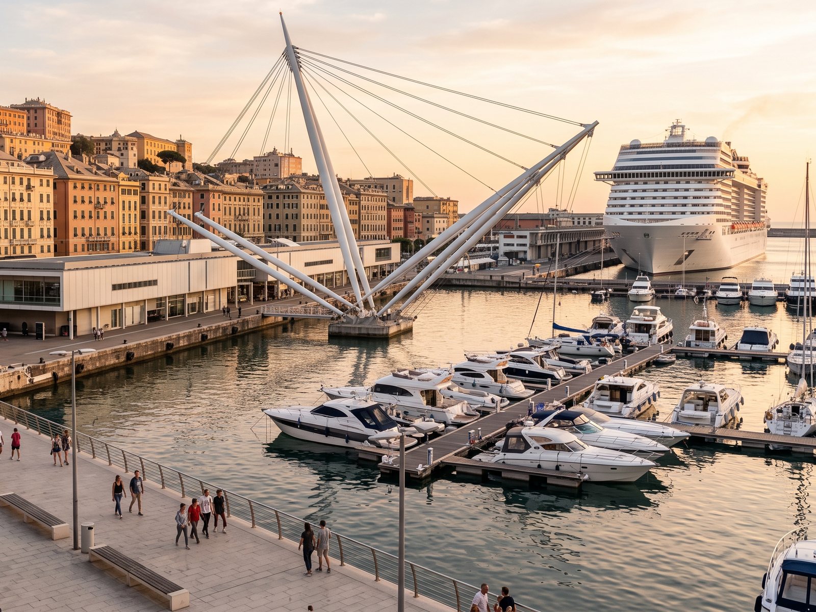 Genoa's Porto Antico at golden hour, with the aquarium, the marina and the old town on the hill