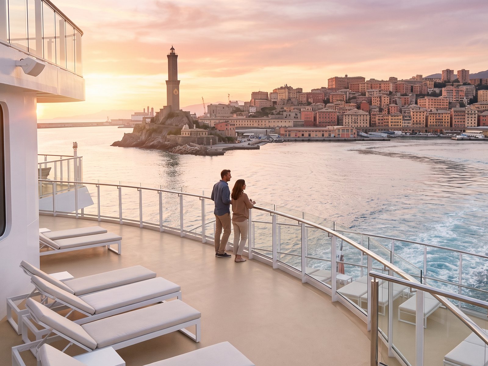 Couple on the top deck of a cruise ship at sunset, sailing away from Genoa past the Lanterna lighthouse