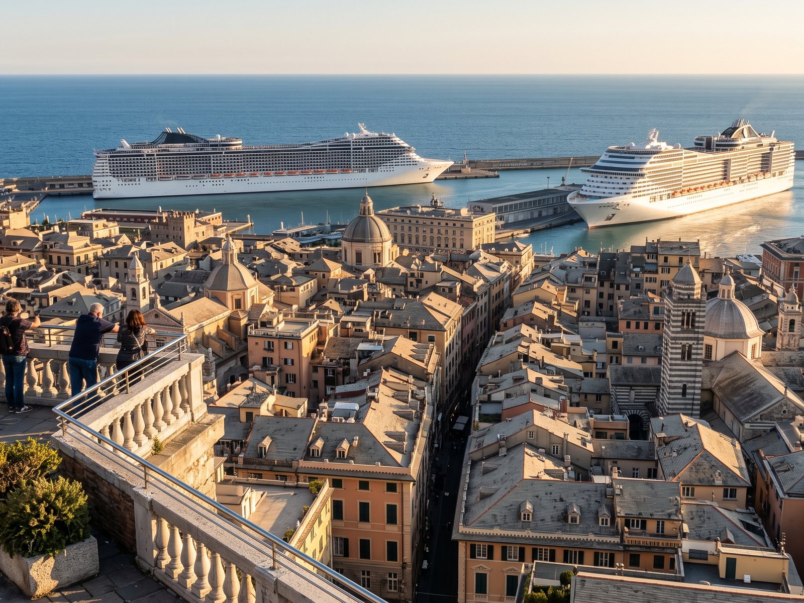 View over the slate roofs of Genoa's old town to the port, with cruise ships at the piers and the sea beyond