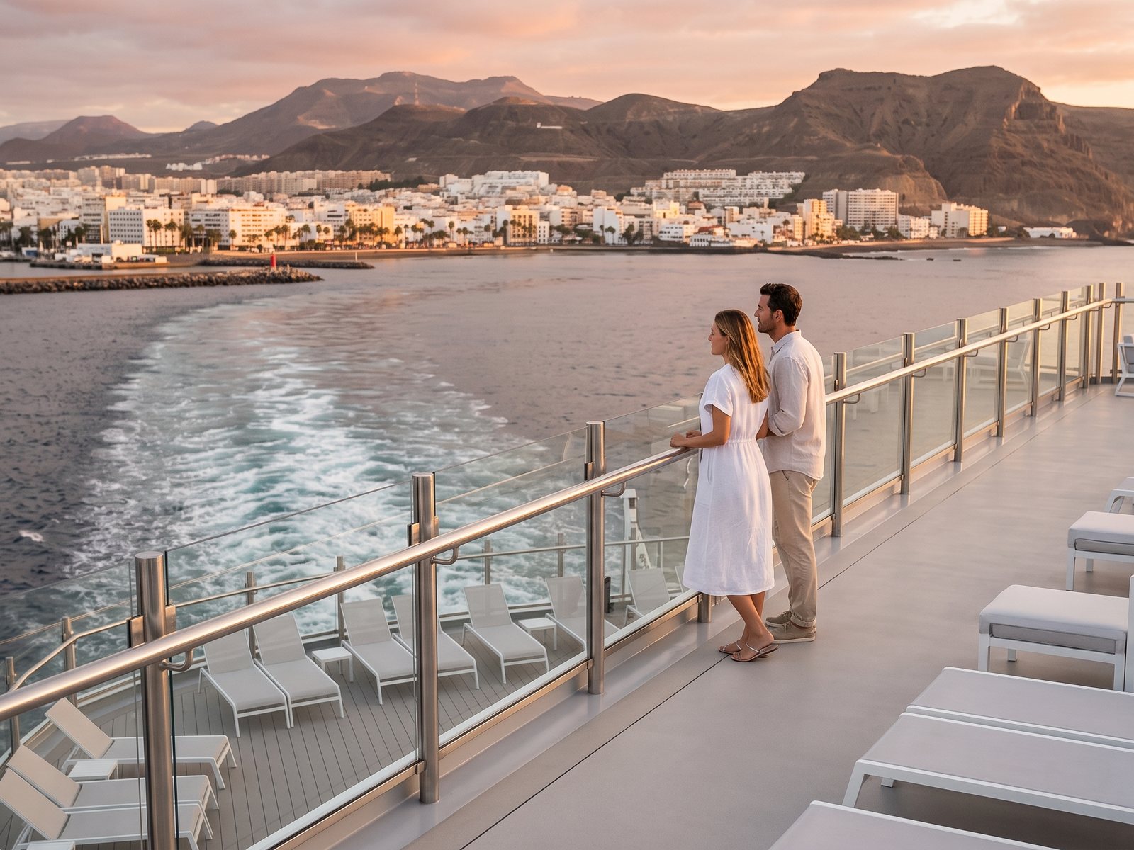 Couple on the top deck of a cruise ship watching the Las Palmas seafront at sunset as the ship sails away
