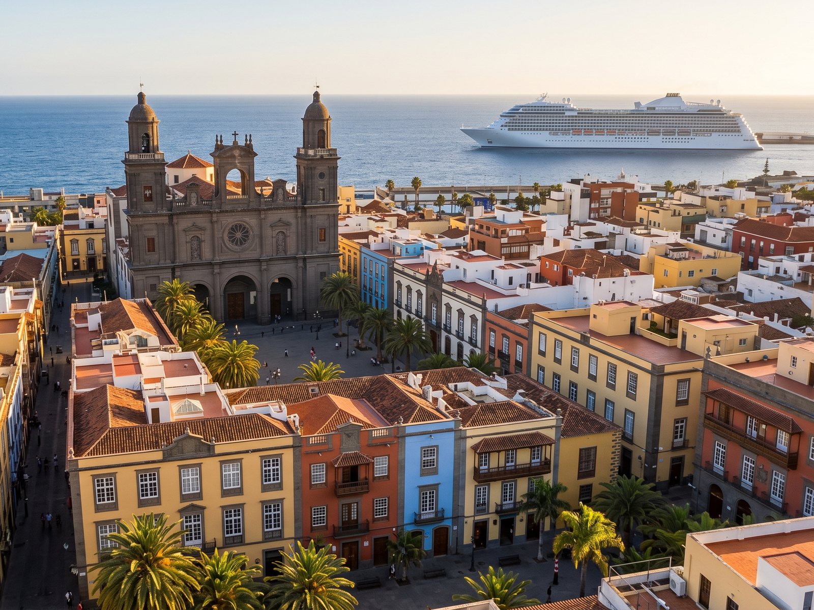 Vegueta old town with Santa Ana Cathedral in Las Palmas, a cruise ship in the bay beyond