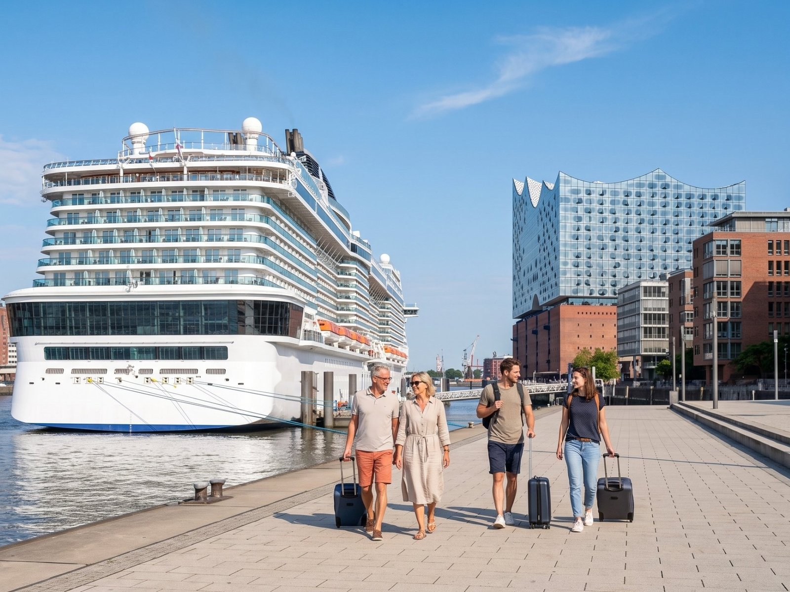 Cruise ship moored in Hamburg's HafenCity next to the Elbphilharmonie, travellers with suitcases on the waterfront