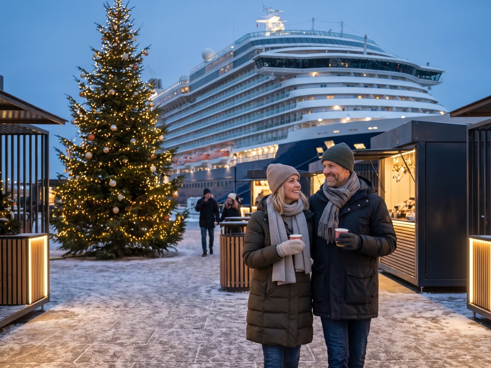 Couple with hot drinks at a Christmas market by the harbour, cruise ship lit up behind them