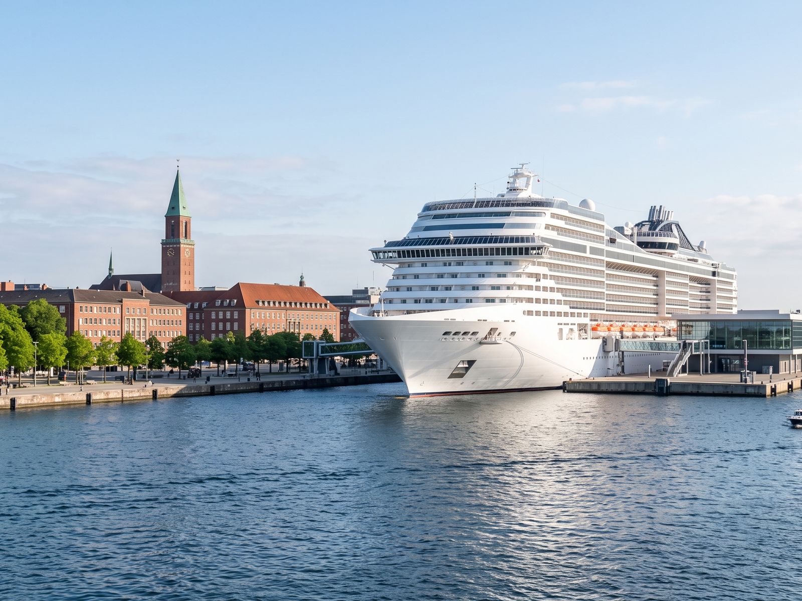 Cruise ship at the Ostseekai terminal in Kiel, the town hall tower behind