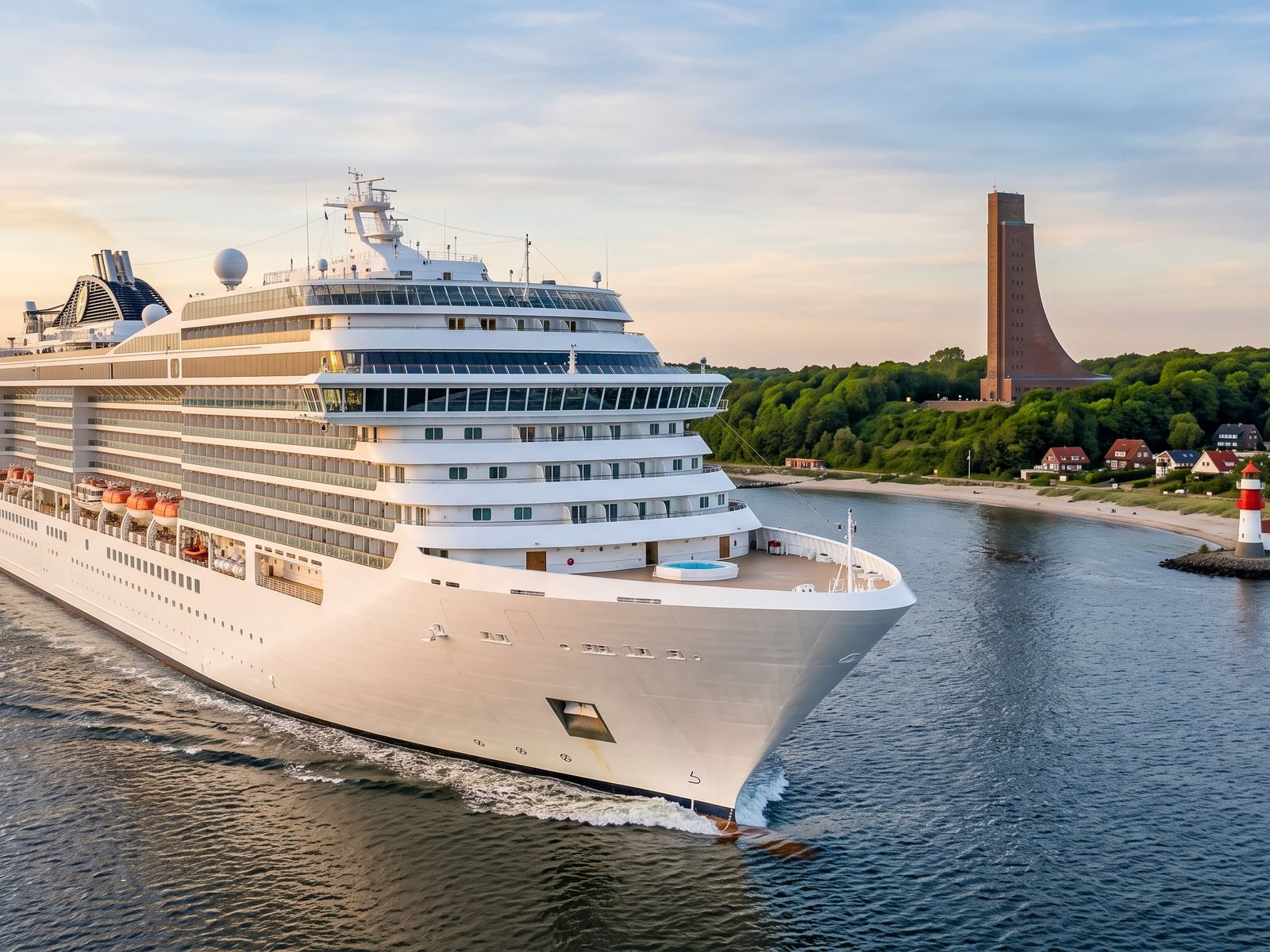 Cruise ship sailing out through the Kiel Fjord past Laboe and its naval memorial