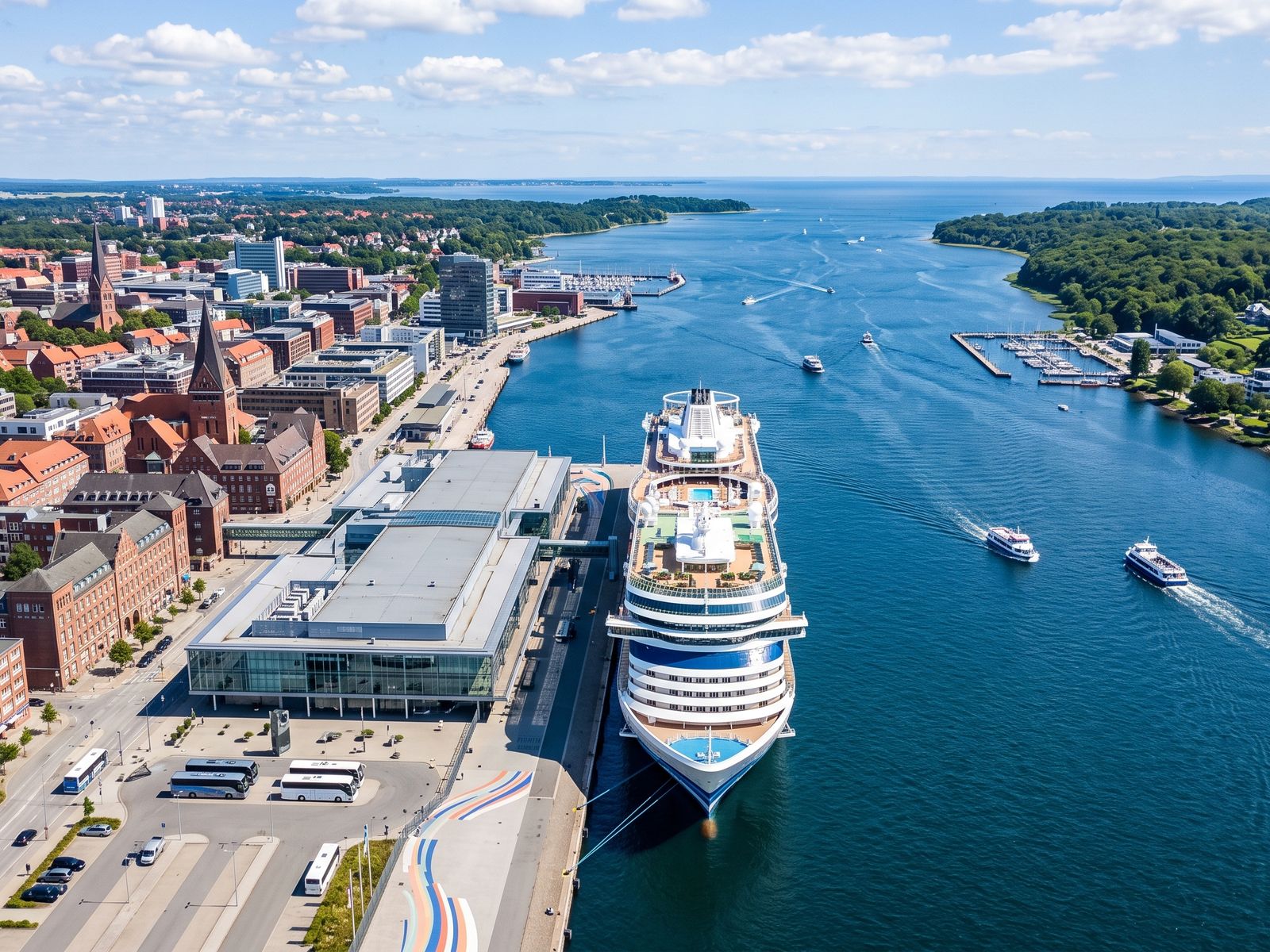 Aerial view of Kiel with a cruise ship at the terminal by the city centre and the fjord beyond