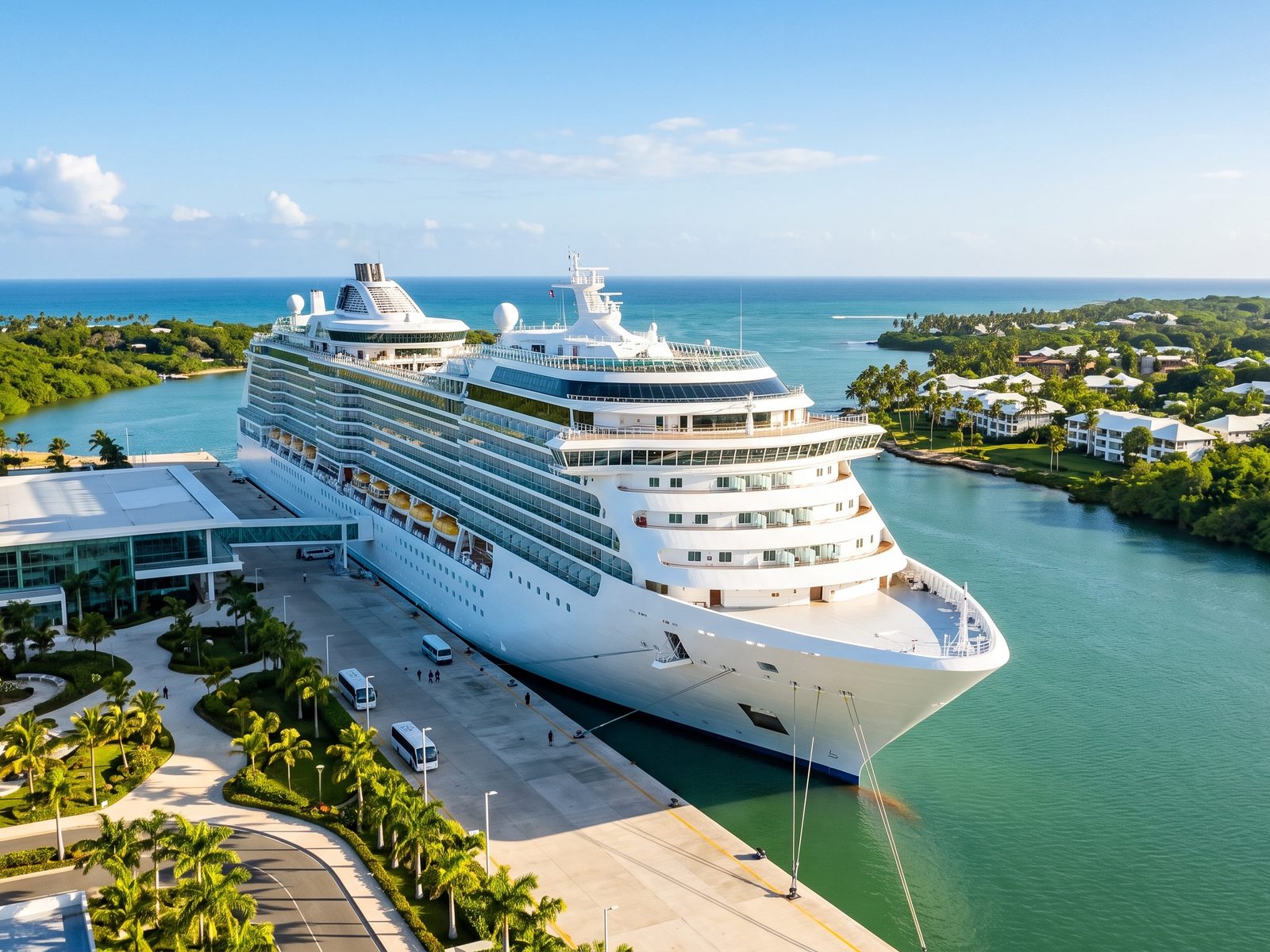 Groot modern cruiseschip aan de cruisekade van La Romana bij de monding van de Río Dulce, met Casa de Campo aan de overkant