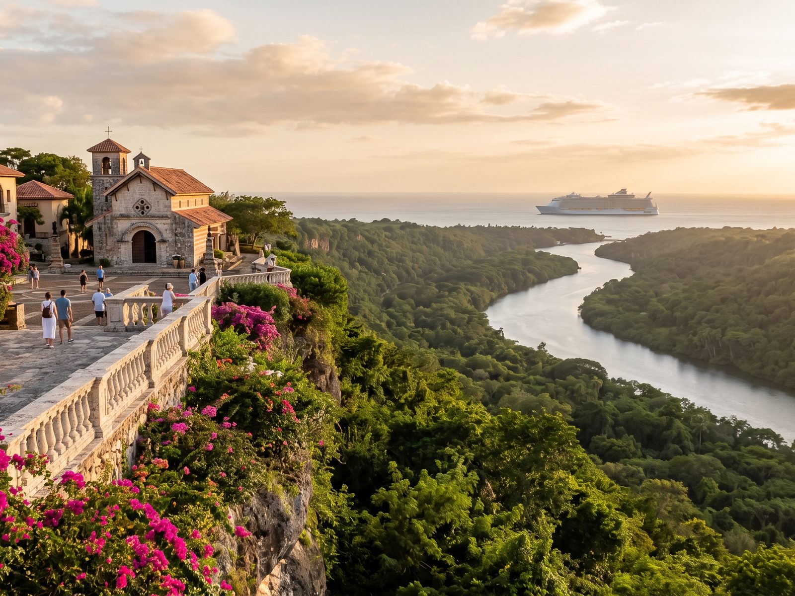 Het stenen dorp Altos de Chavón boven de rivier de Chavón en de jungle, met een cruiseschip aan de horizon
