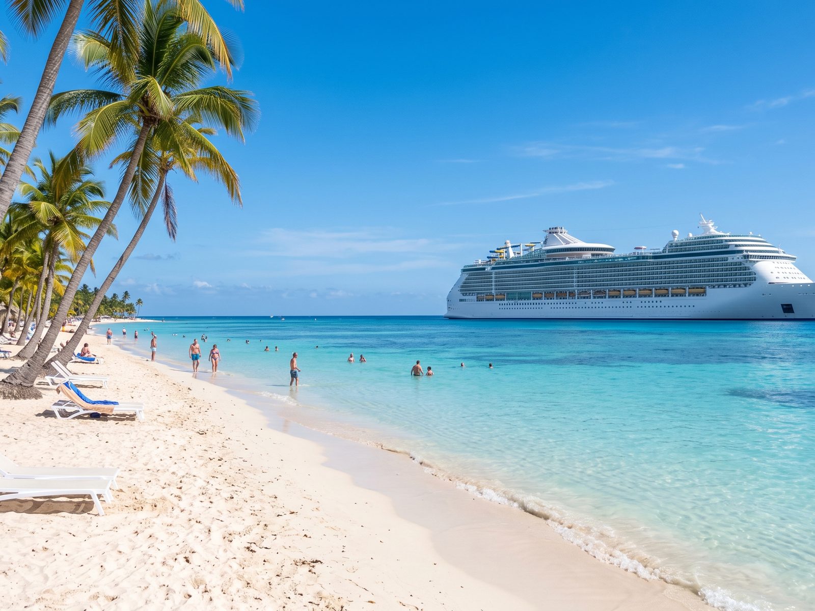 Wit zandstrand met palmbomen bij Bayahibe en een cruiseschip voor anker in zee