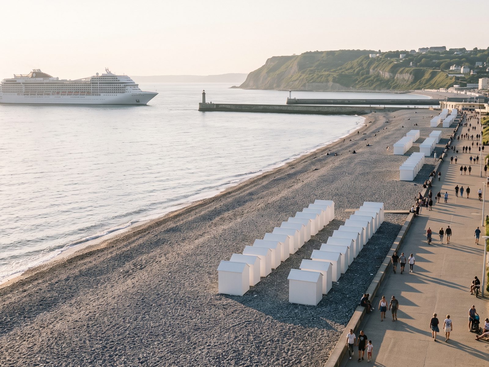 Het kiezelstrand en de boulevard van Le Havre, met een cruiseschip dat de haven binnenvaart