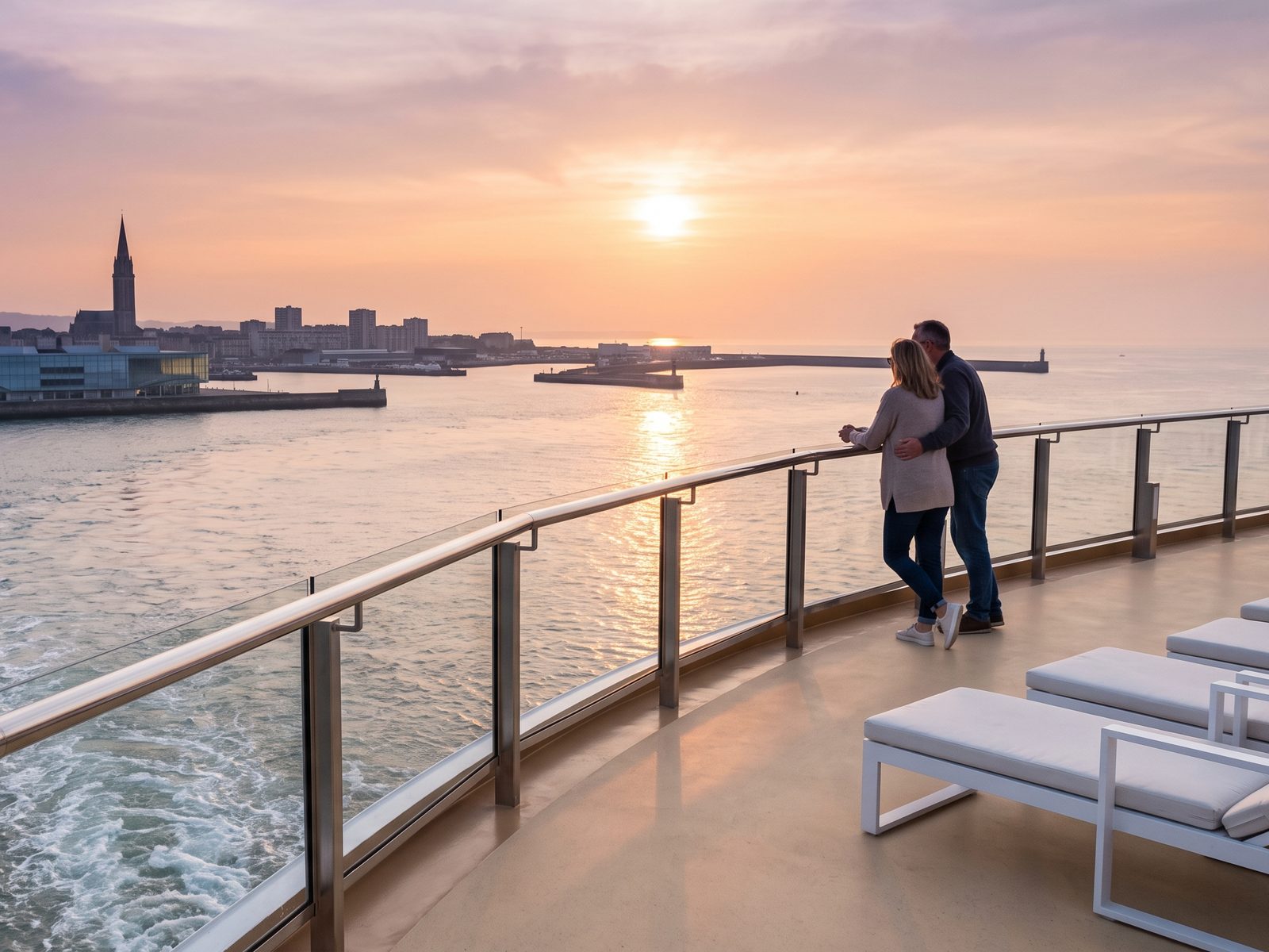 Stel op het bovendek van een cruiseschip dat bij zonsondergang onder een impressionistische lucht uit Le Havre vertrekt