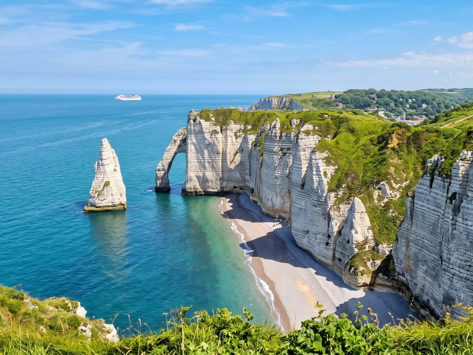De witte kliffen en de rotsboog van Étretat aan de kust van Normandië, met een cruiseschip aan de horizon