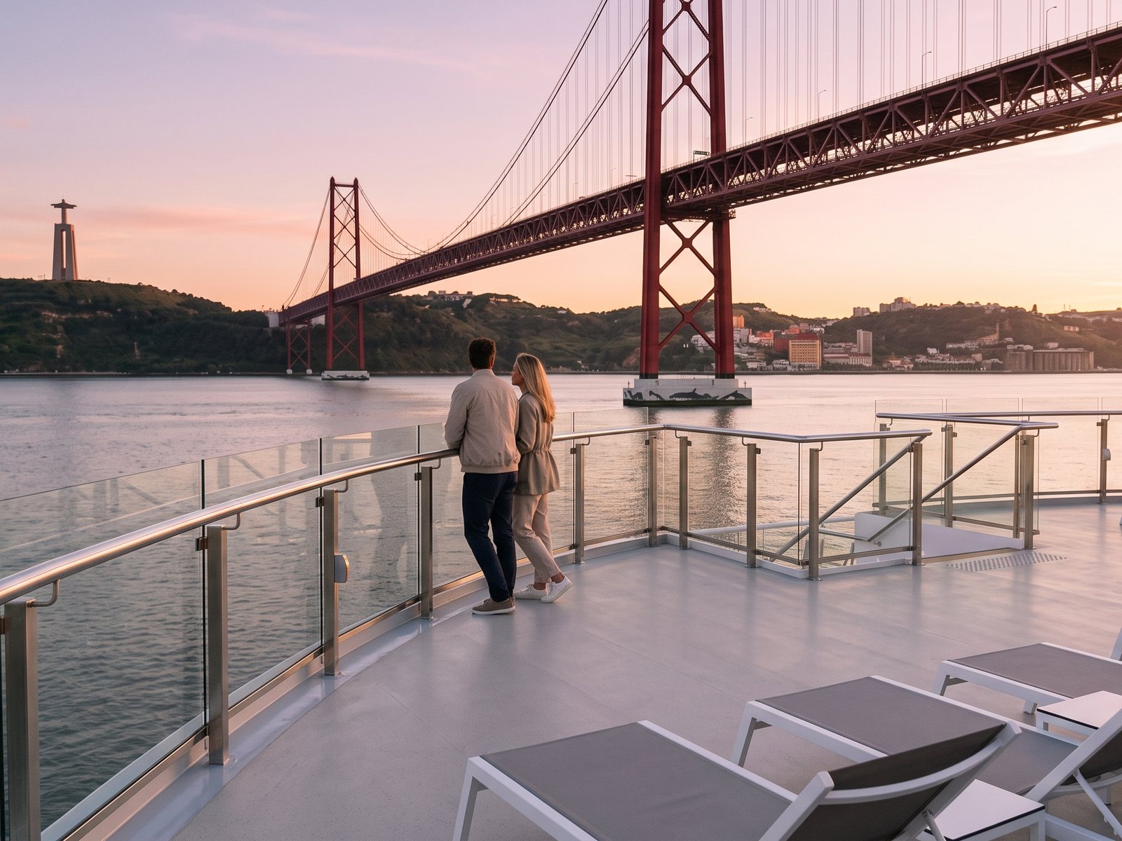 Couple on the top deck of a cruise ship sailing towards the 25 de Abril Bridge in Lisbon at sunset