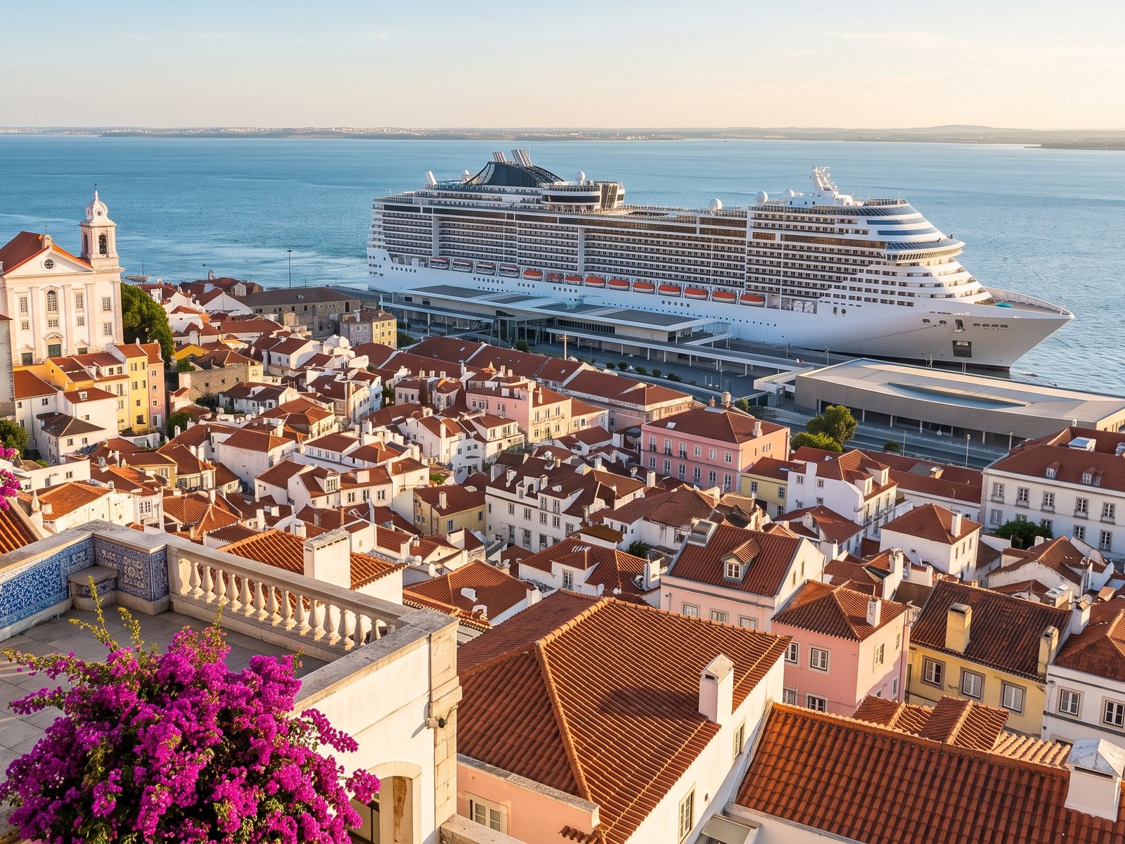 View over the rooftops of Alfama to the Tagus and a cruise ship at the Lisbon Cruise Terminal