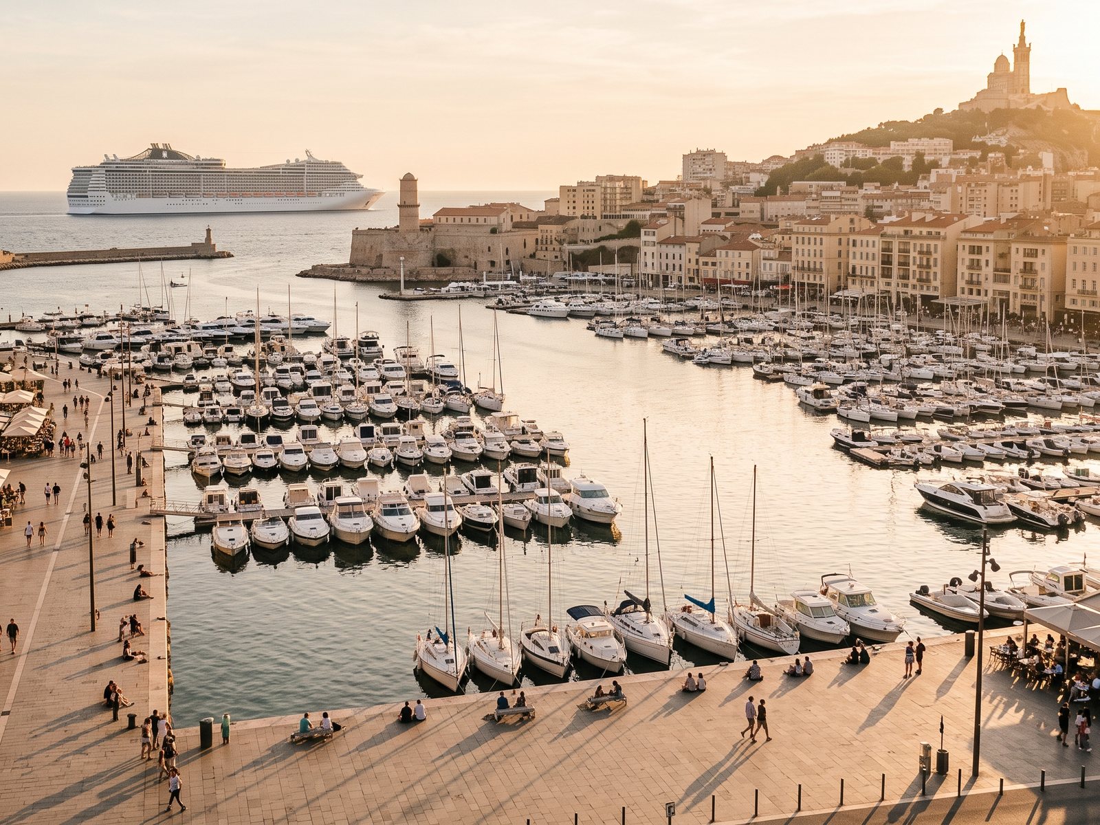 De Oude Haven van Marseille in het gouden uur, met jachten op het water en Notre-Dame de la Garde op de heuvel