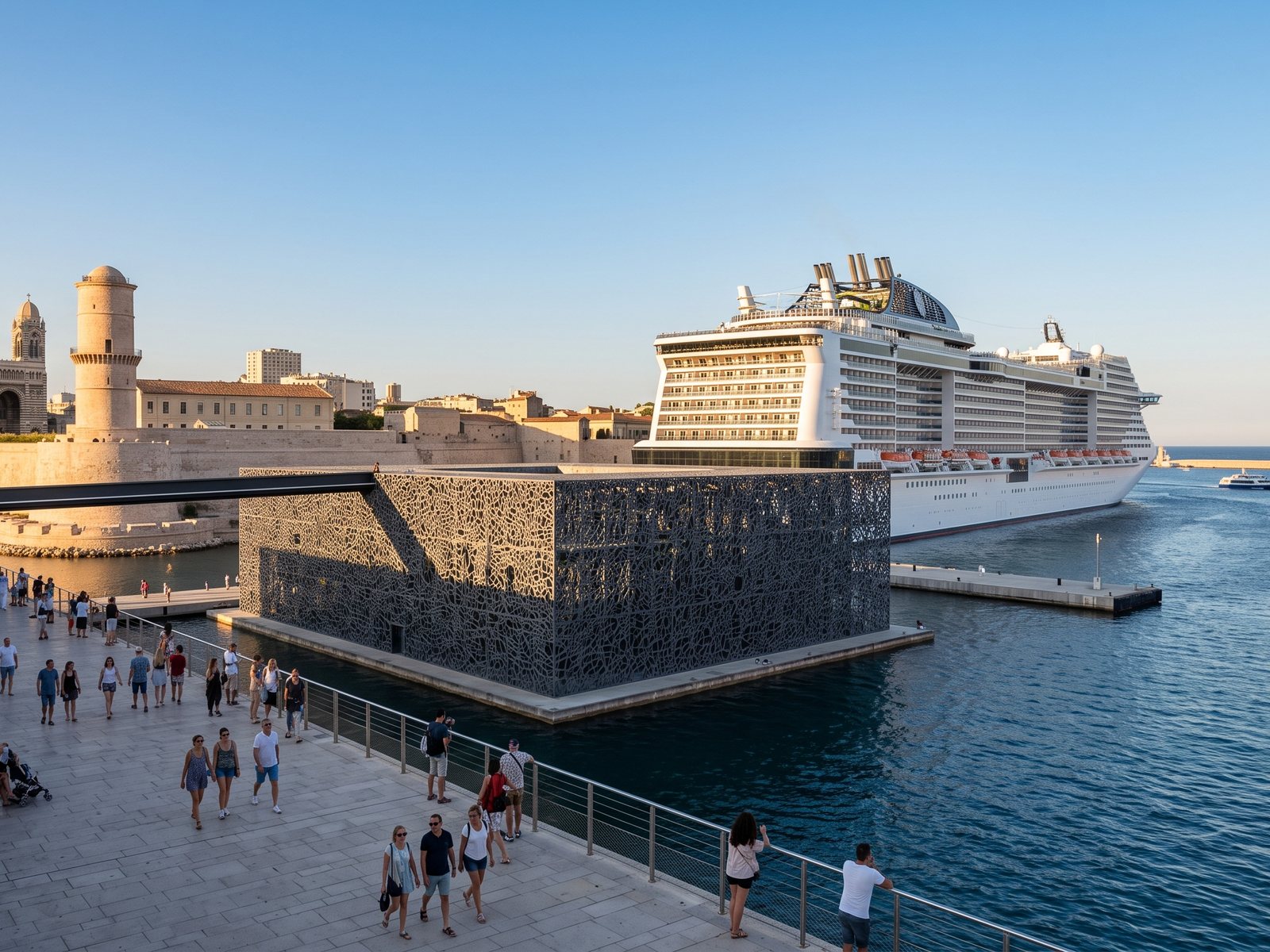 Het MuCEM, Fort Saint-Jean en de kathedraal La Major aan het water in Marseille, met een cruiseschip aan de kade