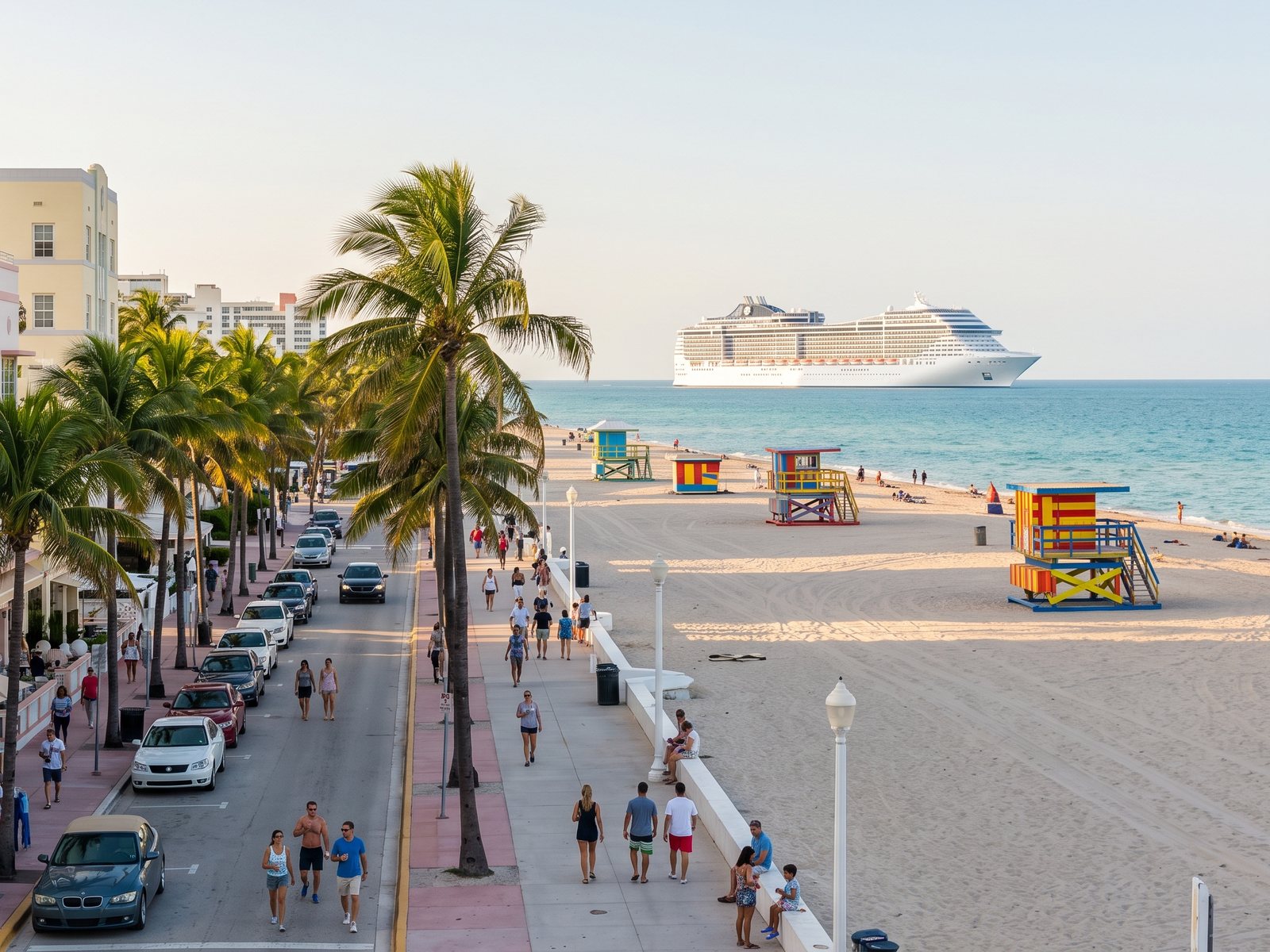 Pastelkleurige art-decopanden, palmbomen en het strand aan Ocean Drive in South Beach, met een cruiseschip aan de horizon