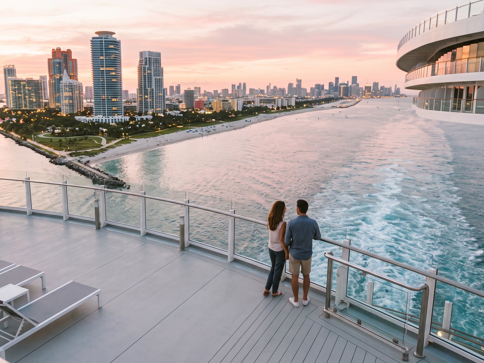 Stel op het bovendek van een cruiseschip dat bij zonsondergang Miami uit vaart, langs de punt van Miami Beach