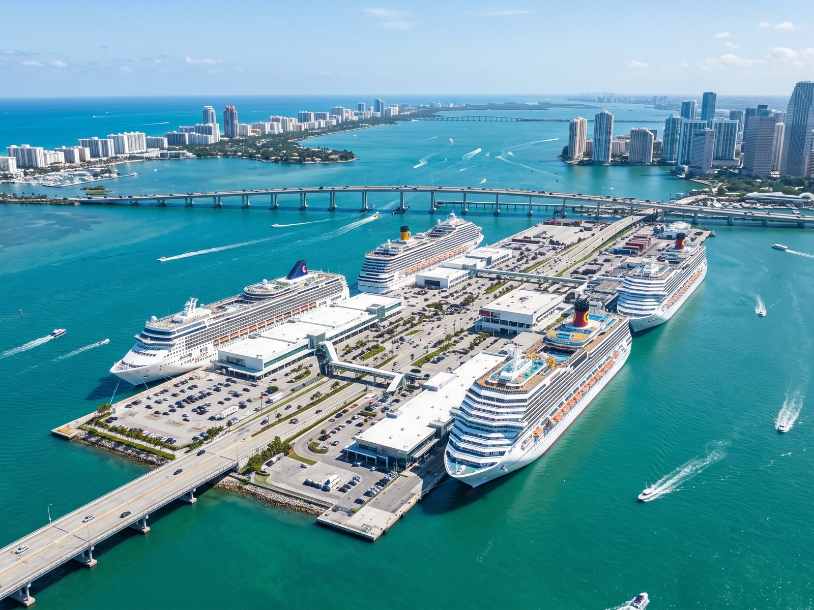 Luchtfoto van cruiseschepen bij Dodge Island in de baai van Biscayne, met Miami Beach en downtown Miami eromheen