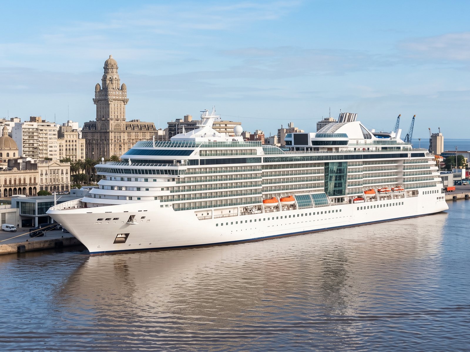Groot modern cruiseschip in de haven van Montevideo, met de oude stad en de toren van het Palacio Salvo erachter