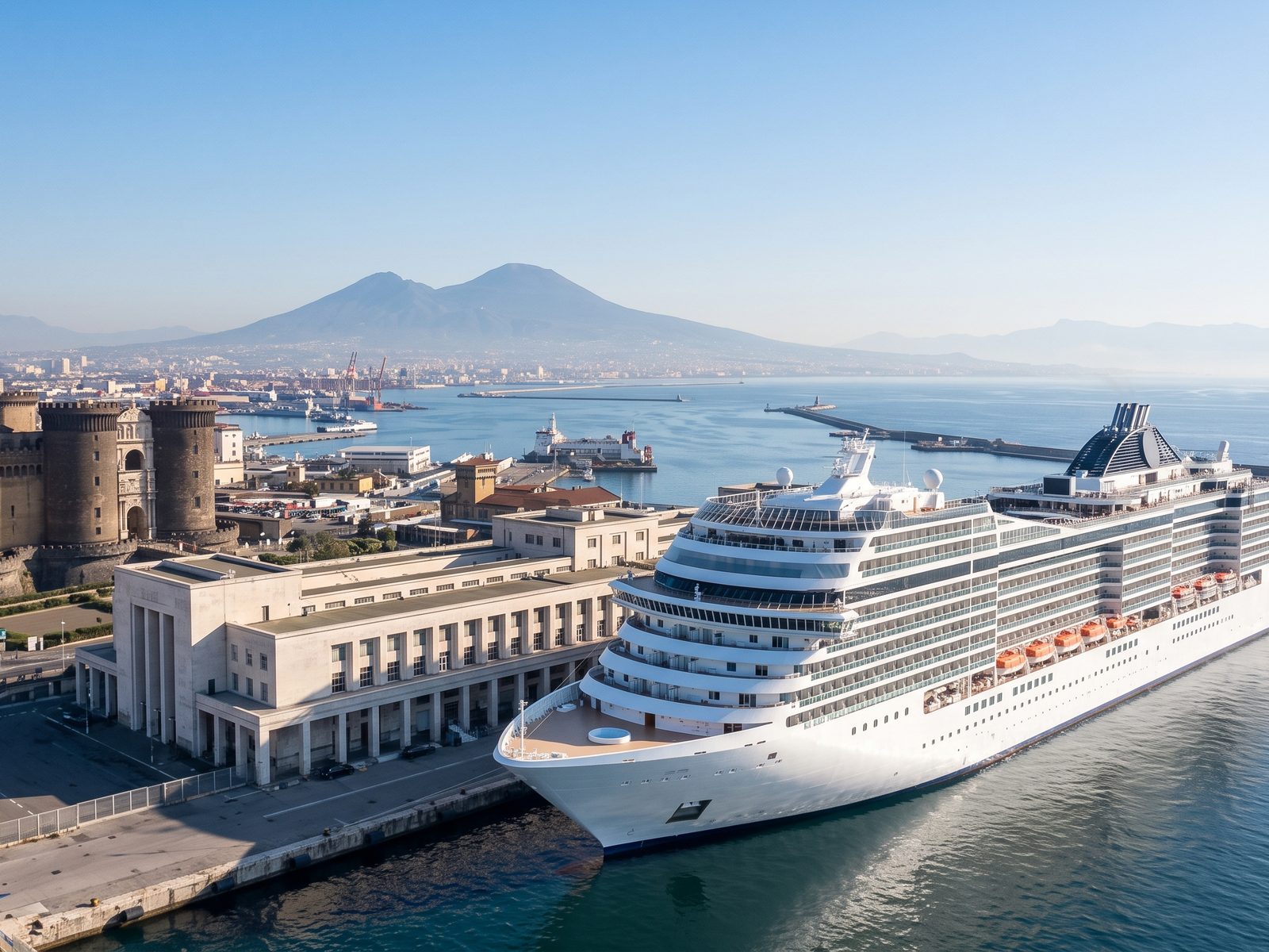 Large modern cruise ship at the Stazione Marittima in Naples, next to the Castel Nuovo, with Vesuvius across the bay