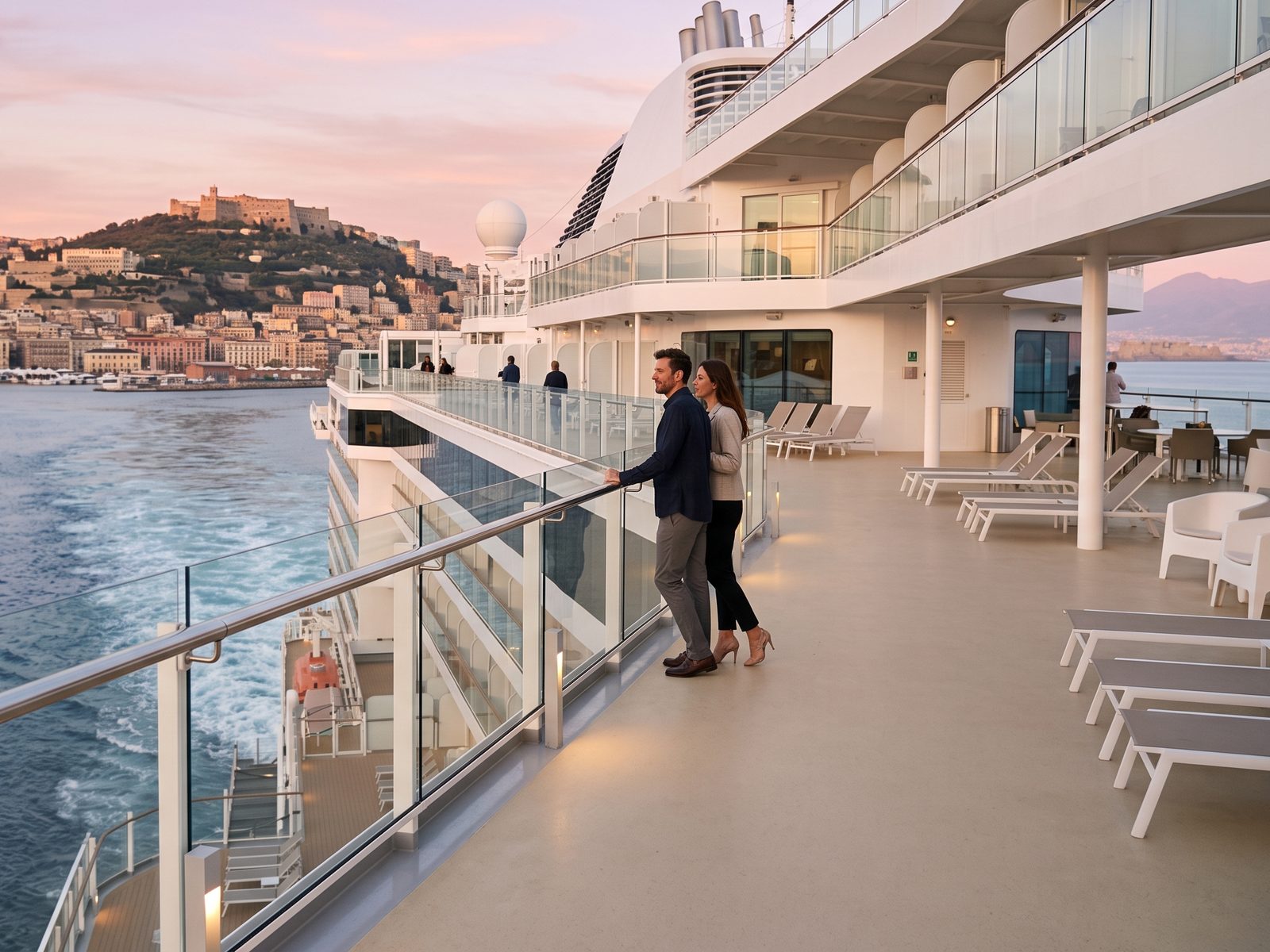 Couple on the top deck of a cruise ship at sunset, sailing away from Naples with Vesuvius on the horizon